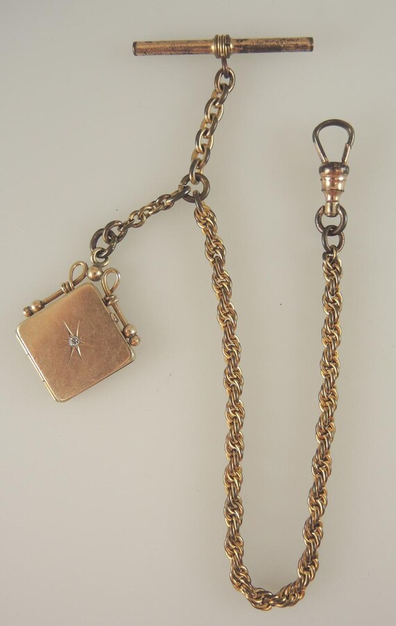 Fancy Gold plated Watch chain with locket fob c18… - image 1