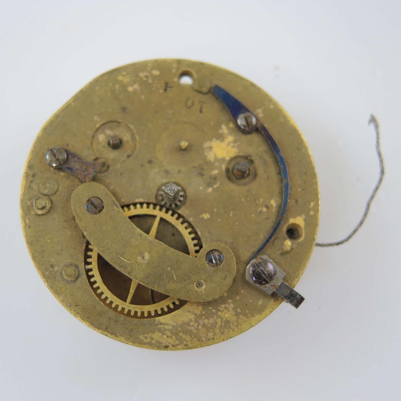 May include: A close-up view of a vintage watch movement. The brass-colored mechanism features gears, screws, and a blue-colored spring. The watch movement has a circular shape with signs of wear and age.
