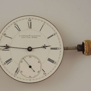 Puede incluir: Una esfera de reloj de bolsillo blanca con marcadores de hora en n&uacute;meros romanos negros y agujas negras. La esfera del reloj tiene un c&iacute;rculo conc&eacute;ntrico m&aacute;s peque&ntilde;o con marcas negras para los segundos. La esfera del reloj est&aacute; inscrita con "E. Howard & Co Boston Pat'd Feb 4th 1868".