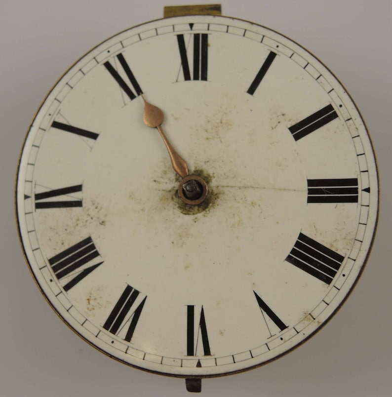 May include: A white clock face with black Roman numeral hour markers and black minute markers. The clock hands are gold colored.