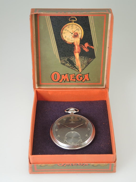 Vintage Black Dial Omega pocket watch with Box c1943 Gem