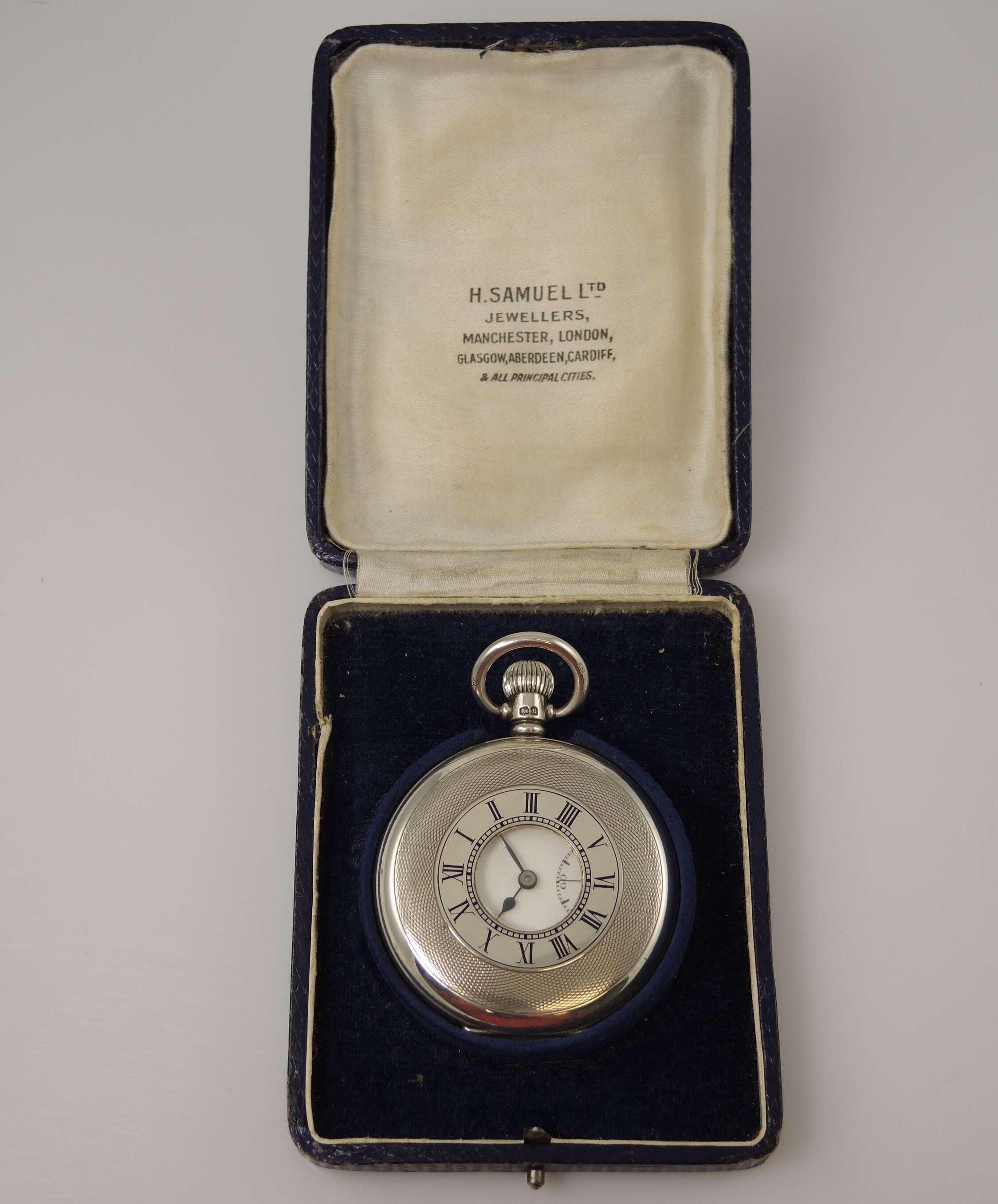 Vintage English Silver Half Hunter Pocket Watch With Box C1928