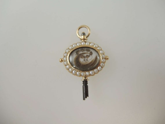 Solid gold pearl set Memento Mori pocket watch ke… - image 3