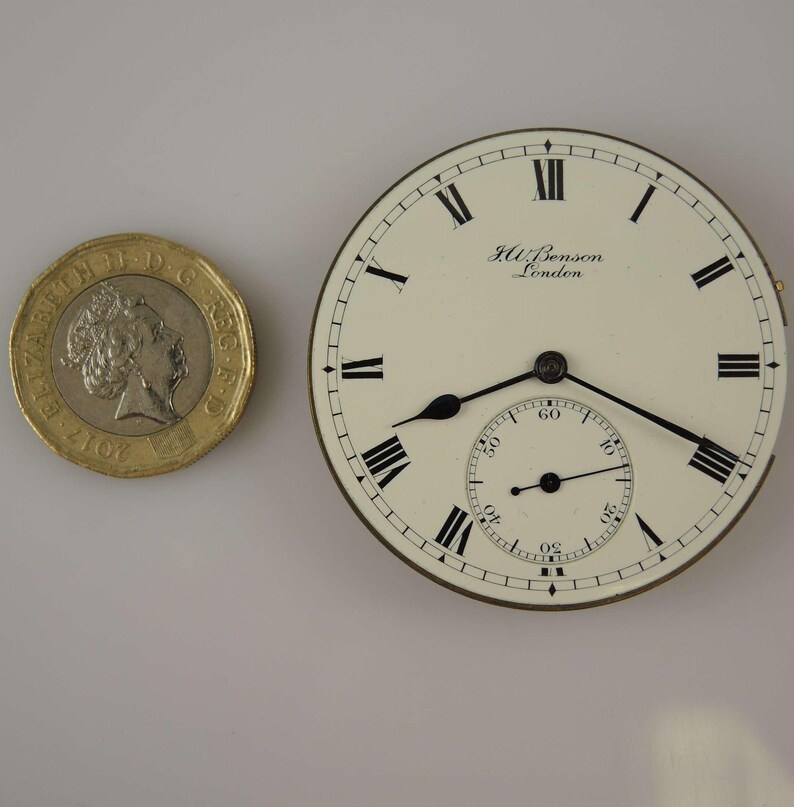May include: A white pocket watch with black Roman numeral hour markers and black hands. The watch face has the text "J.W. Benson London" printed on it. The watch is about the size of a British one pound coin.