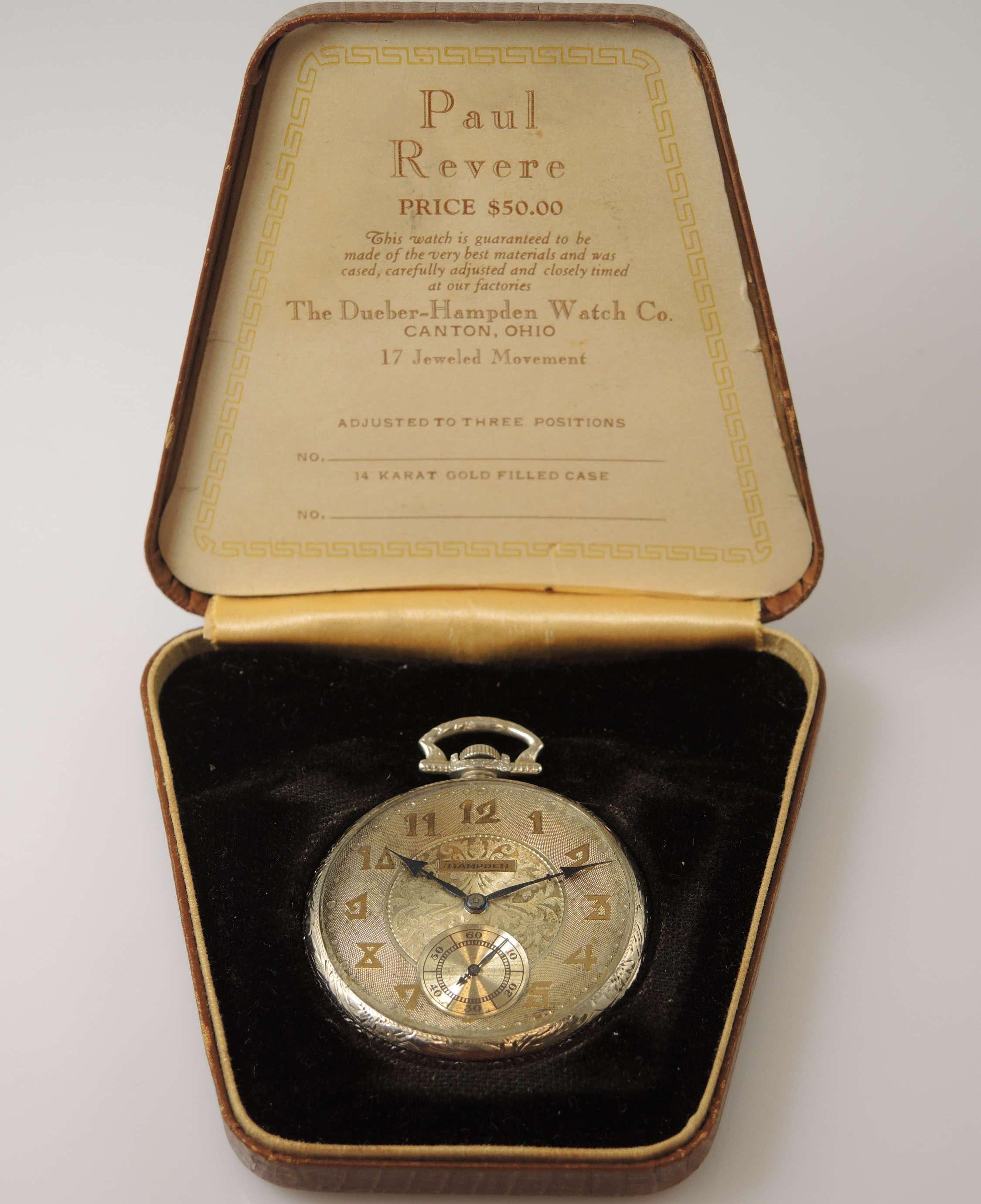 Vintage Hampden Paul Revere Pocket Watch With Box 1915