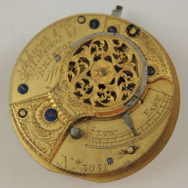 English verge fusee pocket watch movement by Schwer, Bristol c1810