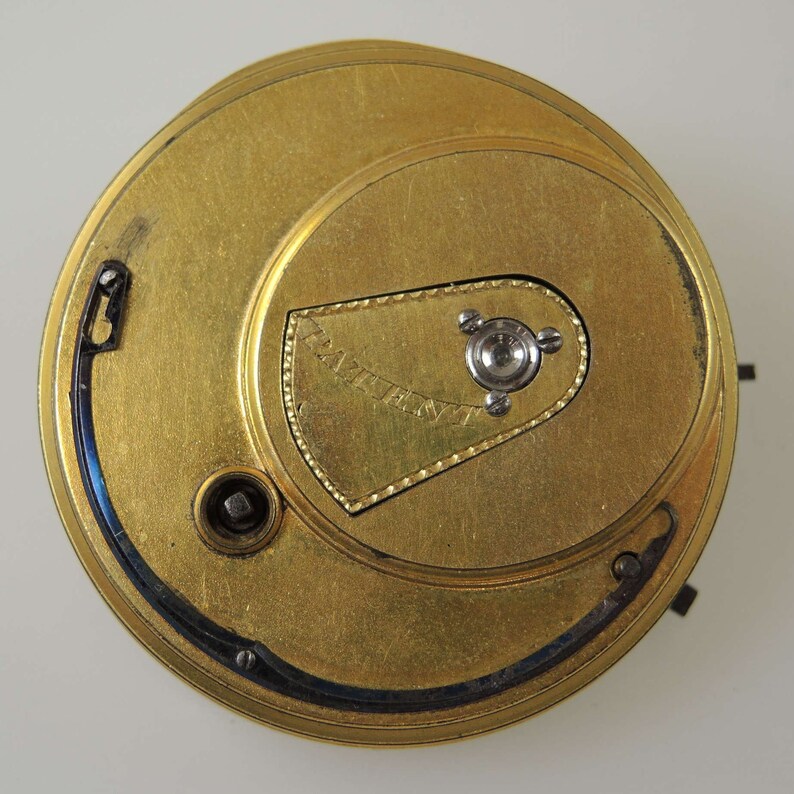 Puede incluir: Primer plano de un movimiento de reloj de color dorado con la inscripci&oacute;n "Patent" visible. El movimiento es circular y tiene un borde azul.