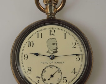 Reloj raro de Knickerbocker Watch Co. con esfera inusual. Héroe de Manila, c. 1898