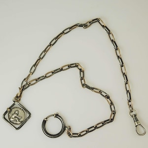 Long silver and niello enamel watch chain with niello fob c1910