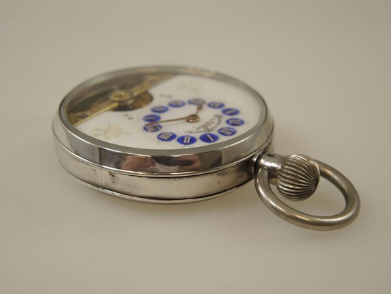 Silber Hebdomas 8 Tage Taschenuhr mit blauem Emaille Zifferblatt 
