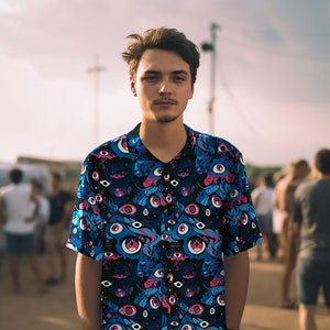 Rave outfit for men, psychedelic trippy shirt, festival mens outfit ,button down, psychedelic clothing for rave and festivals, plus sizes.