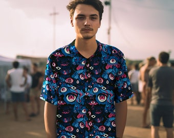 Rave outfit for men, psychedelic trippy shirt, festival mens outfit ,button down, psychedelic clothing for rave and festivals, plus sizes.