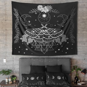 Moth Tapestry, Mystical Gothic Home Decor, Dark Room Ideas, Modern Witch Wall Hanging, Wiccan Interior, Witchcraft Witchy Aesthetic