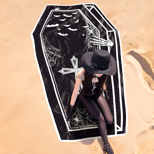 Coffin beach towel, The cutest summer gift for your goth witchy or vampire lover friend, XL size and small, with bats spiders and sceleton