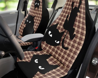 Cute car seat cover set for cat lovers, adorable black funny cats in many colors. Protect seats from pet hair or scratches.
