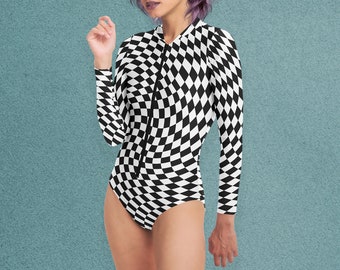 Party Costume For Women, Clubbing Outfit, Psychedelic Bodysuit, Nightclub Clothes, Rave Party costume, Dancing, Checkmate Bodysuit