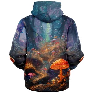 May include: A black hooded sweatshirt with a colorful psychedelic print of a mushroom forest. The print features a path leading into the forest with mushrooms of various colors and sizes.