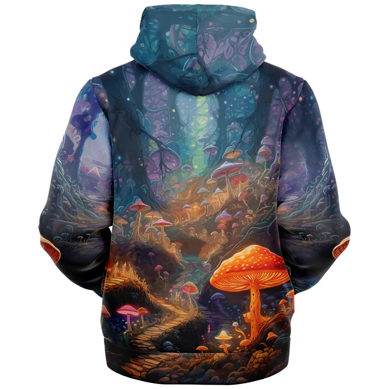 May include: A black hooded sweatshirt with a colorful psychedelic print of a mushroom forest. The print features a path leading into the forest with mushrooms of various colors and sizes.