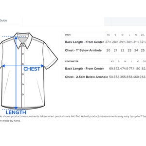 May include: Size guide for a short-sleeved button-down shirt with measurements in inches and centimeters for chest and back length. The measurements are taken when the shirt is laid flat.