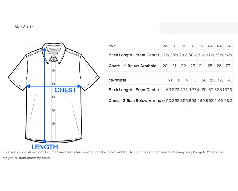 May include: Size guide for a short-sleeved button-down shirt with measurements in inches and centimeters for chest and back length. The measurements are taken when the shirt is laid flat.