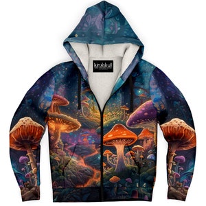 May include: A black zip-up hoodie with a full-color print of a psychedelic forest scene with glowing mushrooms. The hoodie has a white sherpa lining and the text "kinxskull" on the front.