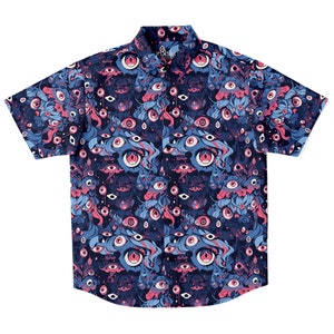 May include: A blue short-sleeved button-down shirt with a psychedelic print of pink and blue eyes and mushrooms.