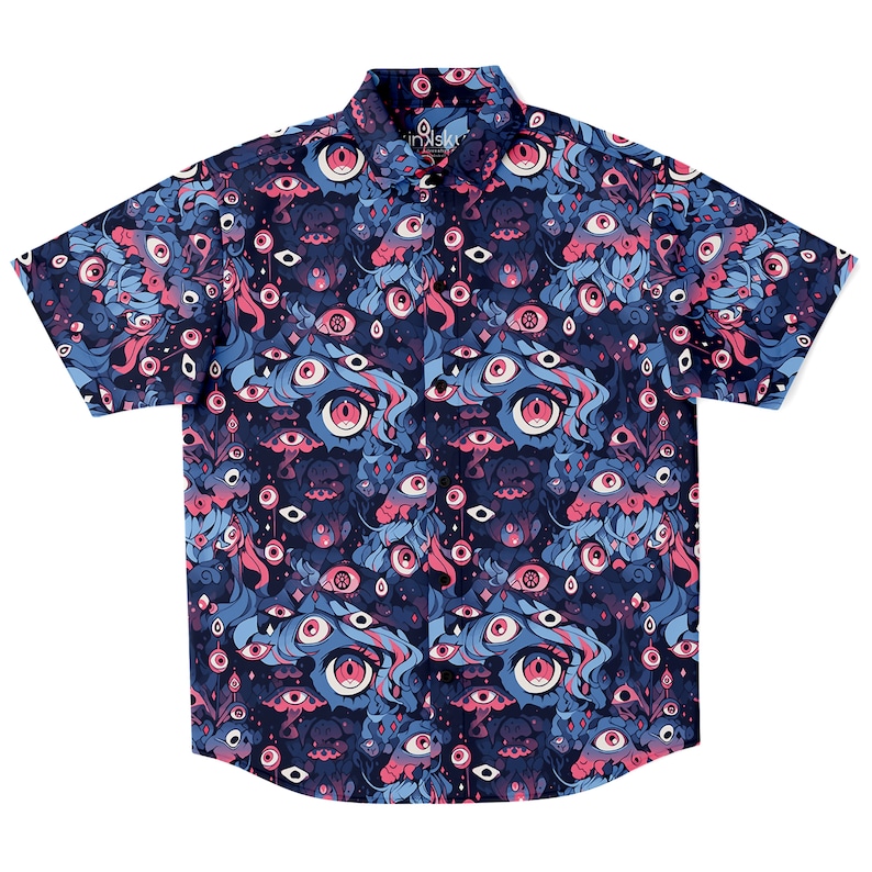 May include: A blue short-sleeved button-down shirt with a psychedelic print of pink and blue eyes and mushrooms.