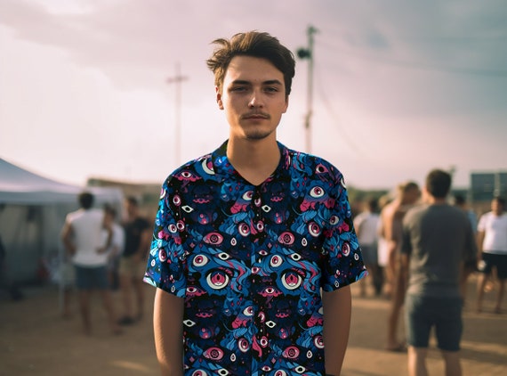 Rave outfit for men, psychedelic trippy shirt, festival mens outfit ,button down, psychedelic clothing for rave and festivals, plus sizes.