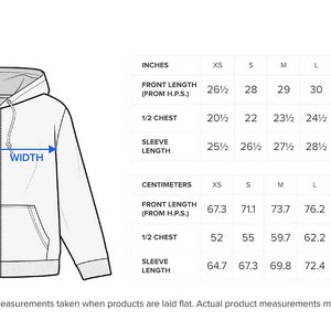 May include: Size guide for a hooded sweatshirt with measurements in inches and centimeters for different sizes from XS to 4XL. The measurements include sleeve length, front length, and 1/2 chest.