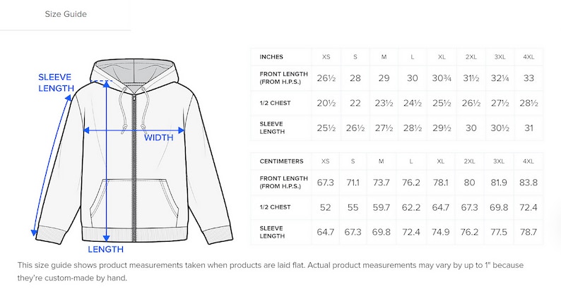 May include: Size guide for a hooded sweatshirt with measurements in inches and centimeters for different sizes from XS to 4XL. The measurements include sleeve length, front length, and 1/2 chest.