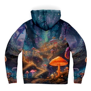 May include: A dark blue hooded sweatshirt with a psychedelic print of a mushroom forest. The print features a variety of colorful mushrooms, including red, orange, yellow, green, and purple.