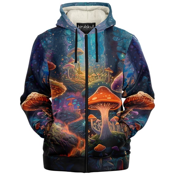 Mushroom hoodie trippy psychedelic zip up magic mushroom hoodie, rave hooded sweatshirt, rave outfit, festival clothing, mushroom forest.