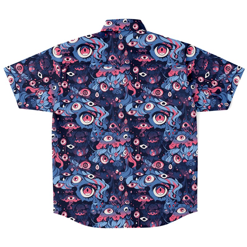 May include: A blue short-sleeved button-down shirt with a psychedelic print of pink and blue eyes. The shirt has a classic fit and a pointed collar.