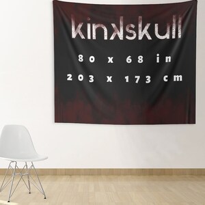 May include: Three black and red tapestry wall hangings with the text "kinxskull" and different size measurements in inches and centimeters. The largest tapestry is 104 inches by 88 inches, the middle tapestry is 80 inches by 68 inches, and the smallest tapestry is 60 inches by 50 inches.