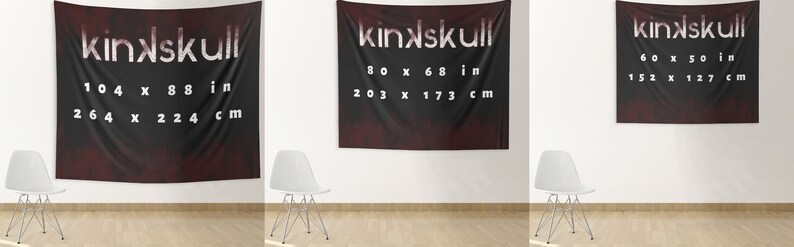 May include: Three black and red tapestry wall hangings with the text "kinxskull" and different size measurements in inches and centimeters. The largest tapestry is 104 inches by 88 inches, the middle tapestry is 80 inches by 68 inches, and the smallest tapestry is 60 inches by 50 inches.