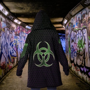 Cybergoth Clothing Festival Hooded Cloak , Techwear Cyberpunk Rave Jacket , Biohazard Hive