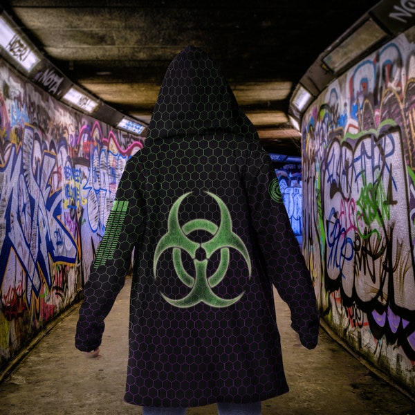 Cybergoth Kleidung Festival Kapuzen Umhang, Techwear Cyberpunk Rave Jacke, Biohazard Hive