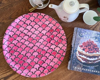 Round Tray, birch wood, handcrafted in Sweden, pink pattern, heat resistant melamine finish, comes gift wrapped, serving tray, sustainable