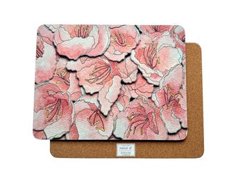 Set of 4 Large Placemats, Floral design, Cork backing with eucalyptus hard board