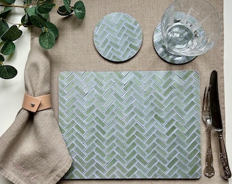 Sage Green Cork Placemats: Herringbone Design, Set of 4, melamine