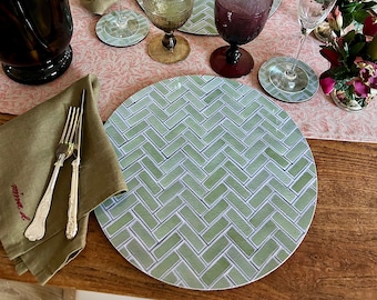 Round Placemats Set of 4 Large Round Table Mats Melamine Cork back Serving Mat Handmade in UK Sage Green Herringbone Placemat Euro Size mat