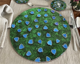 Placemats, Set of 4 Large Round Placemats, Emerald Green Melamine Placemats, Euro size Table Mats, Gift wrapped, UK Handmade, Kitchen Mats