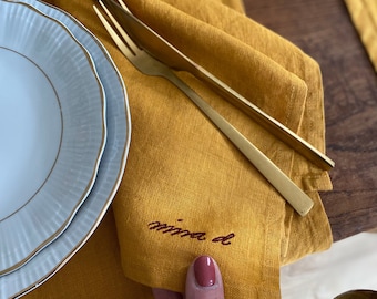 Linen Napkins, Set of 4, Handmade European 100% Linen Napkins, Gift Set, Mustard Yellow Linen Napkins, Housewarming Gift Set, Gift wrapped