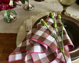 Vintage Chequered Cotton Napkins Set: Pink Edge Swedish Fabric