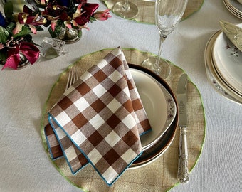 Napkins Set of 4 Vintage Chequered Cotton Napkins Blue Edge Dining Napkins Swedish Fabric Napkins Brown White Checkerboard Napkins Gift Set