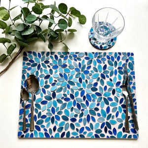 Placemats, Set of 4, Large Euro Size Table Mats, Melamine Dining Mats, Kitchen Table Serving Mats, Placemat Gift for Home, Blue Mosaic