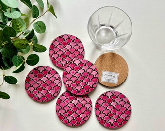 Round Coasters, Set of 6 Coasters, Festive Drinks Coasters, UK Made, Pink Coasters Gift Set, Kitchen Dining Coasters, Housewarming Gift Set