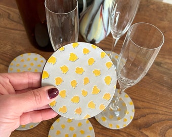 Round Coasters, Set of 6 Mustard Yellow Dining Drinks Coasters, UK Made, Ochre Yellow Lacquer Coasters, Dining Table Coasters, Wedding Gift