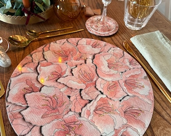 Juego de 4 manteles individuales redondos grandes, diseño floral pintado a mano, tablero duro, reverso de corcho.