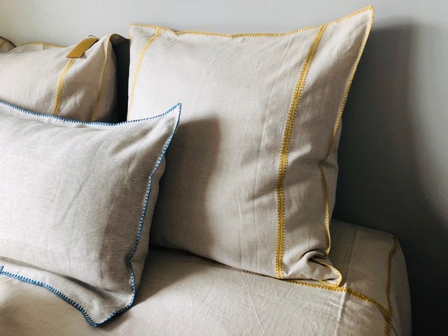 Housse de Couette et Taie Assortie - Parure Lit Lin Brodé Simple Housse d'oreiller